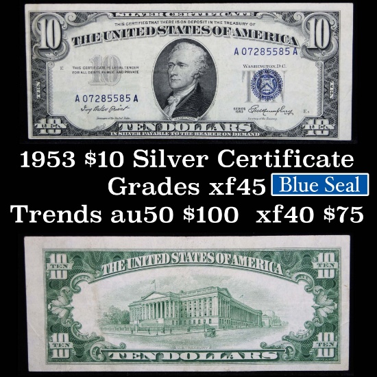 1953 $10 Blue Seal Silver Certificate Signatures Priest/Humphrey Grades xf+