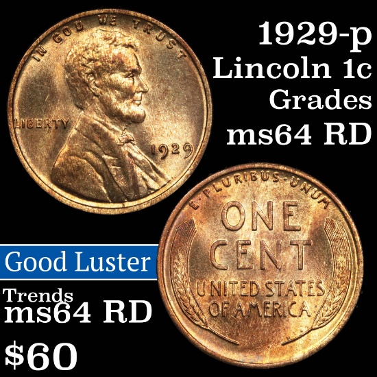 1929-p Lincoln Cent 1c Grades Choice Unc RD