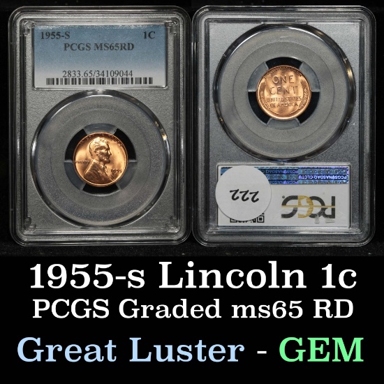 PCGS 1955-s Lincoln Cent 1c Graded ms65 RD By PCGS