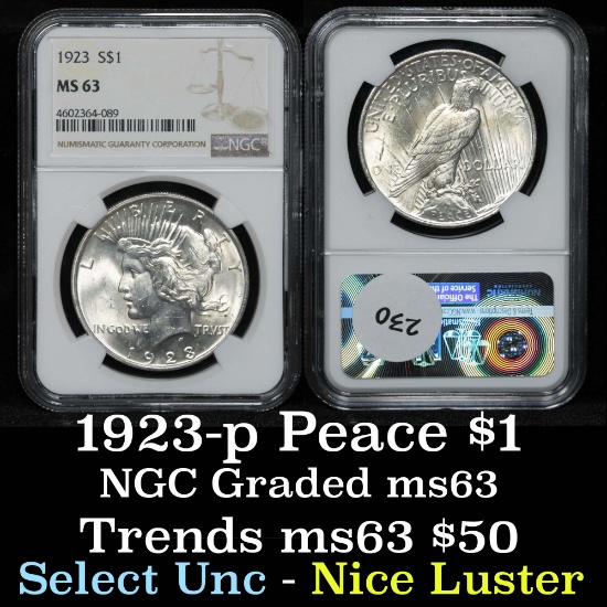 NGC 1923-p Peace Dollar $1 Graded ms63 By NGC