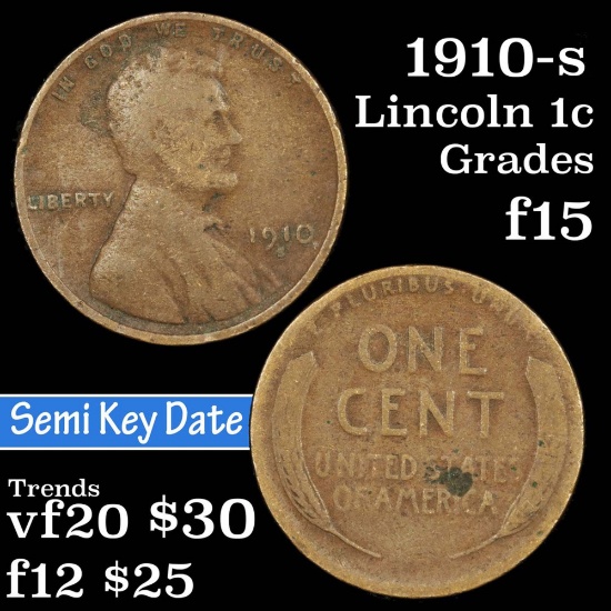 1910-s Lincoln Cent 1c Grades f+