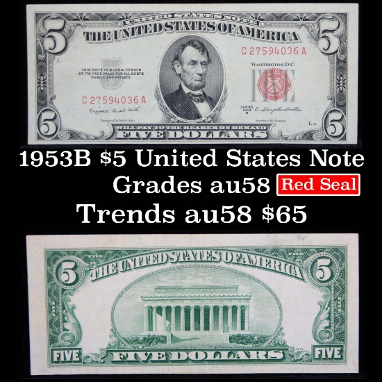 1953B $5 Red Seal United States Note Grades Choice AU/CU Slider