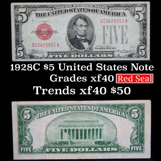 1928C $5 Red Seal United States Note Grades xf
