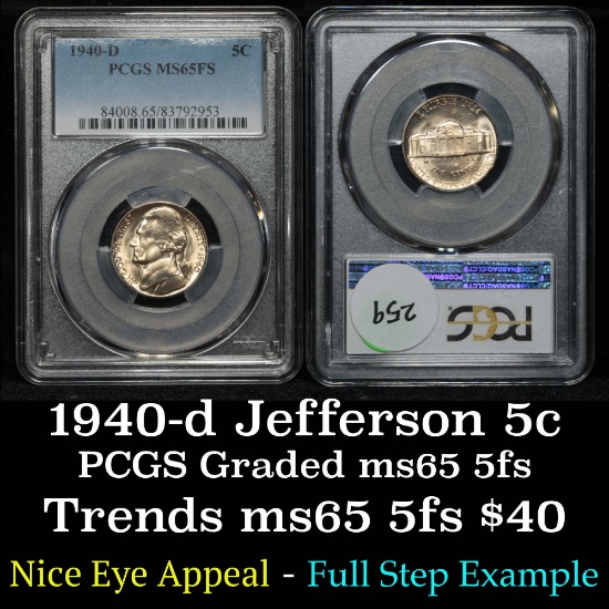 PCGS 1940-d Jefferson Nickel 5c Graded ms65 5FS By PCGS
