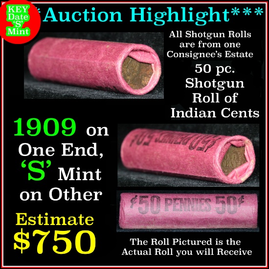 ***Auction Highlight*** Indian 1c Shotgun Roll, 1909 end, KEY date 's' mint on the other, Wow! (fc)