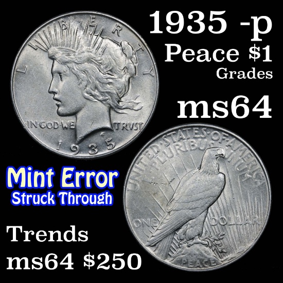 1935-p Mint Error Struck Thru Peace Dollar $1 Grades Choice Unc (fc)