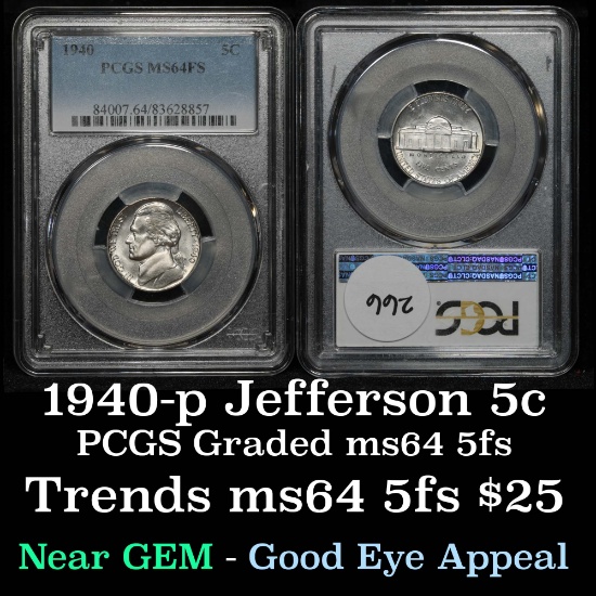 PCGS 1940-p Jefferson Nickel 5c Graded ms64 5FS By PCGS
