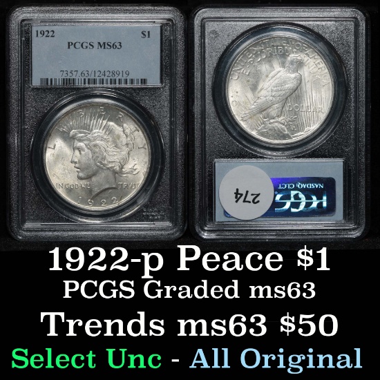 PCGS 1922-p Peace Dollar $1 Graded ms63 By PCGS