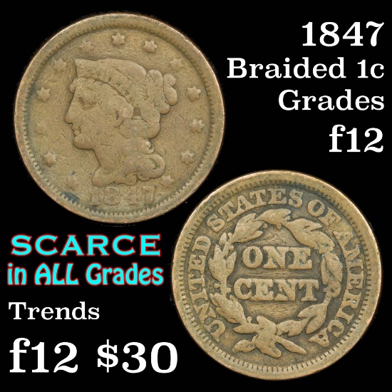 1847 Braided Hair Large Cent 1c Grades f, fine