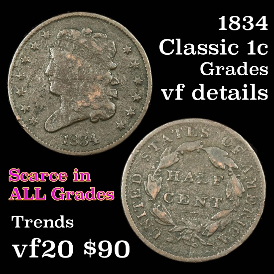 1834 Classic Head half cent 1/2c Grades vf details