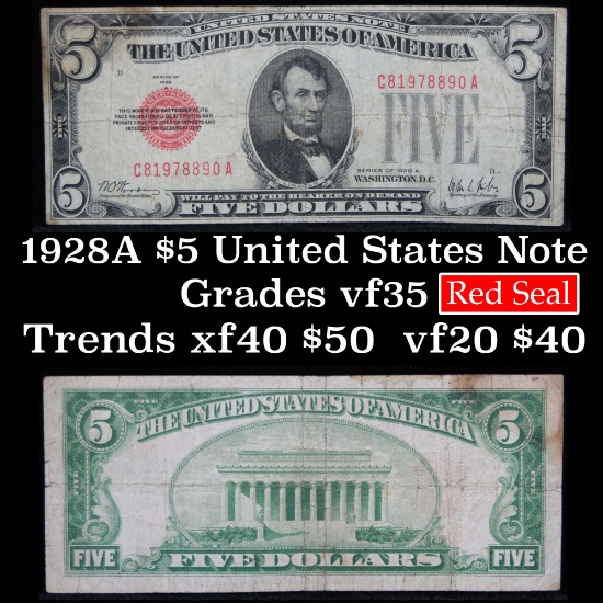 1928A $5 Red Seal United States Note Grades vf++