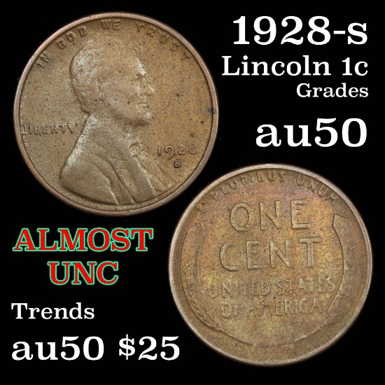 1928-s Lincoln Cent 1c Grades AU, Almost Unc