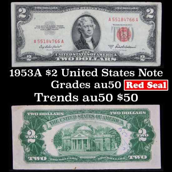 1953A $2 Red Seal United States Note Grades AU, Almost Uncirculated