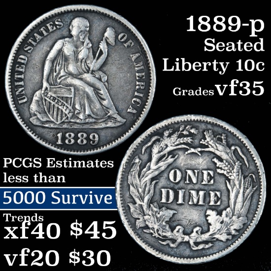 1889-p Seated Liberty Dime 10c Grades vf++