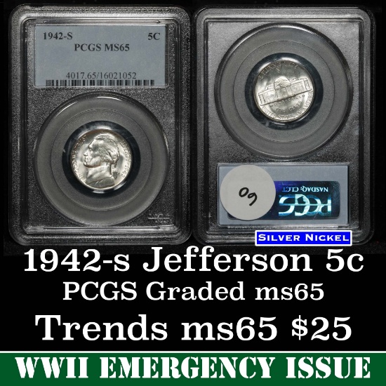 PCGS 1942-s Jefferson Nickel 5c Graded ms65 By PCGS