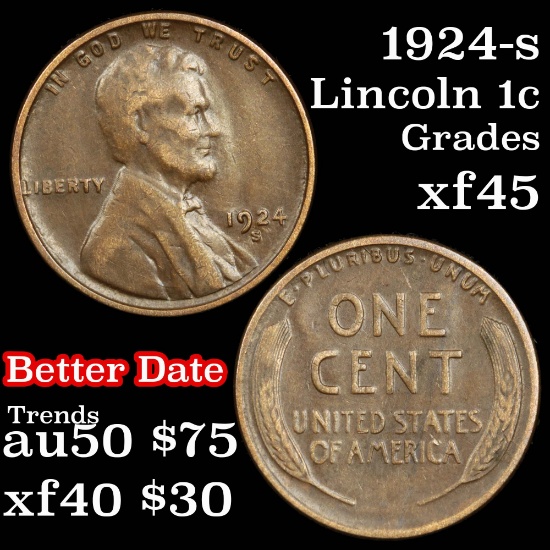 1924-s Lincoln Cent 1c Grades xf+