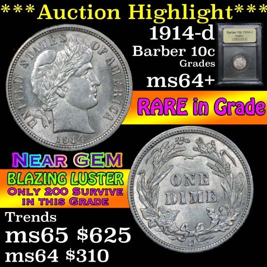1914-d Barber Dime 10c Graded Choice+ Unc By USCG (fc)