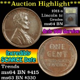 ***Auction Highlight*** 1911-s Lincoln Cent 1c Graded Choice Unc BN By USCG (fc)