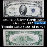 1953 $10 Blue Seal Silver Certificate Signatures Priest/Humphrey Grades xf+