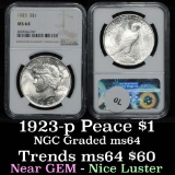 NGC 1923-p Peace Dollar $1 Graded ms64 By NGC