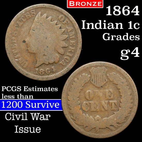 1864 Bronze Indian Cent 1c Grades g, good