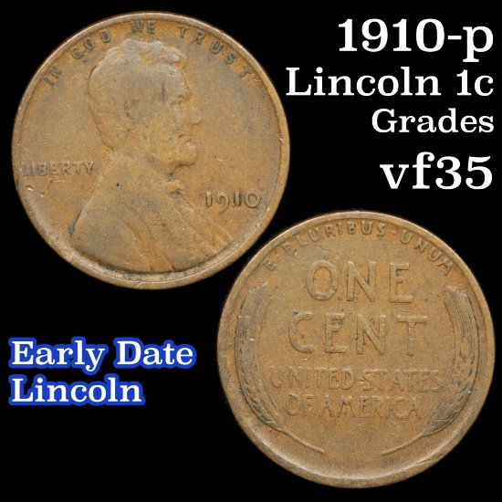 1910-p Lincoln Cent 1c Grades vf++
