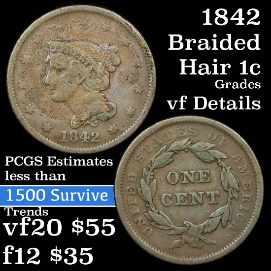 1842 Braided Hair Large Cent 1c Grades vf details