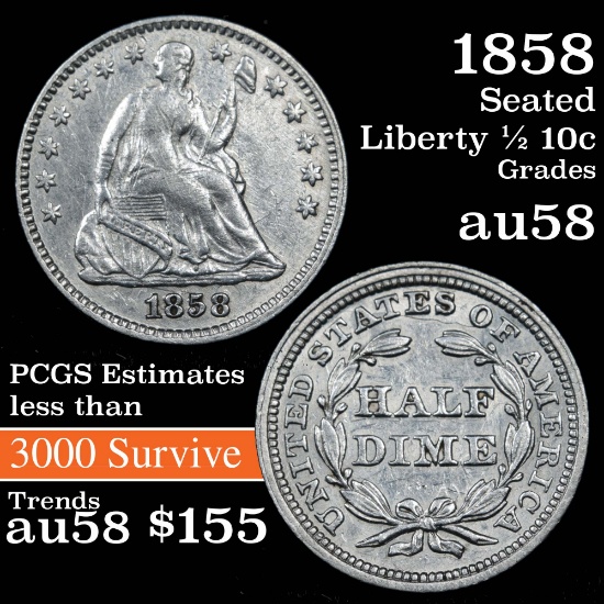1858-p Seated Liberty Half Dime 1/2 10c Grades Choice AU/BU Slider