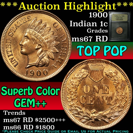 ***Auction Highlight*** 1900 Indian Cent 1c Graded GEM++ Unc RD by USCG (fc)