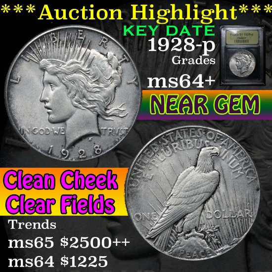 ***Auction Highlight*** 1928-p Peace Dollar $1 Graded Choice+ Unc by USCG (fc)