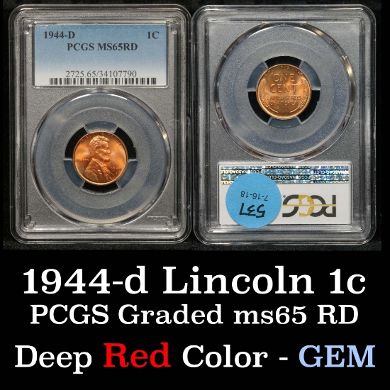 PCGS 1944-d Lincoln Cent 1c Graded ms65 RD By PCGS