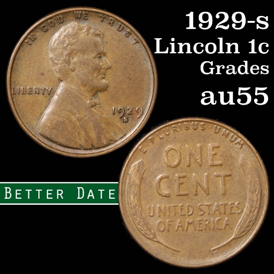 1929-s Lincoln Cent 1c Grades Choice AU