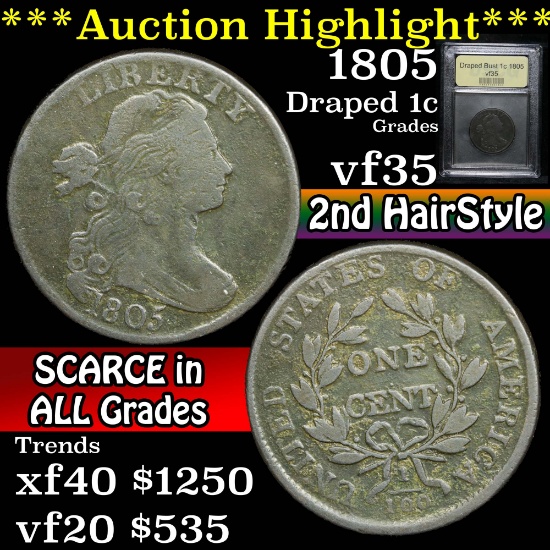 ***Auction Highlight*** 1805 Draped Bust Large Cent 1c Graded vf++ By USCG (fc)