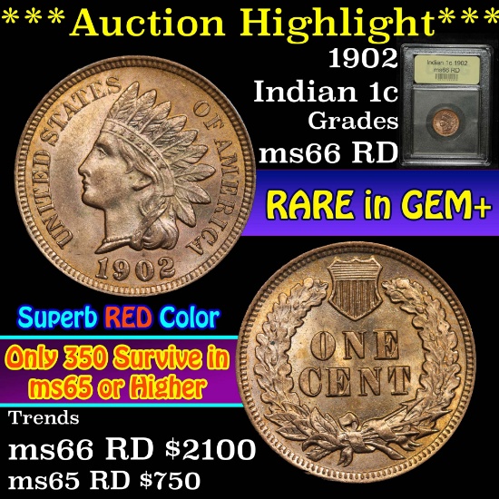 ***Auction Highlight*** 1902 Indian Cent 1c Graded GEM+ Unc RD By USCG (fc)