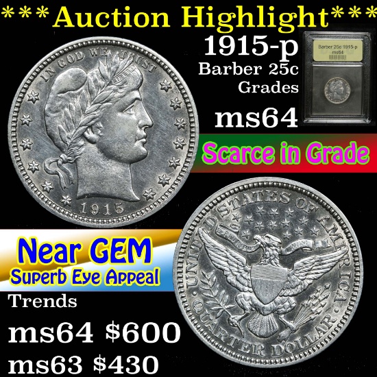 ***Auction Highlight*** 1915-p Barber Quarter 25c Graded Choice Unc By USCG (fc)