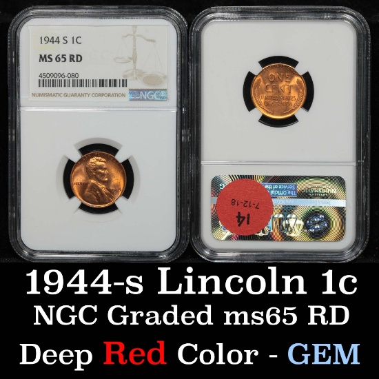 NGC 1944-s Lincoln Cent 1c Graded ms65 RD By NGC