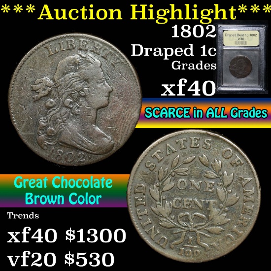 ***Auction Highlight*** 1802 Draped Bust Large Cent 1c Graded xf By USCG (fc)