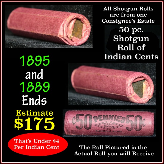 Indian Head Penny 1c Shotgun Roll, 1884 on one end, 1895 on the other end