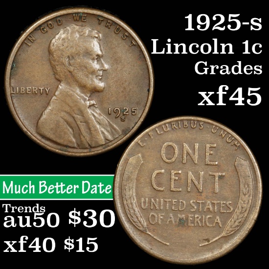1925-s Lincoln Cent 1c Grades xf+