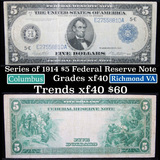 Series of 1914 $5 Blue Seal Federal Reserve Note, Virginia Grades xf