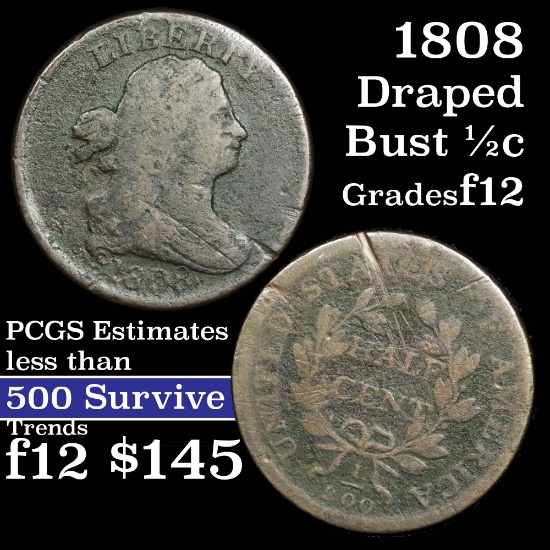 1808 Draped Bust Half Cent 1/2c Grades f, fine