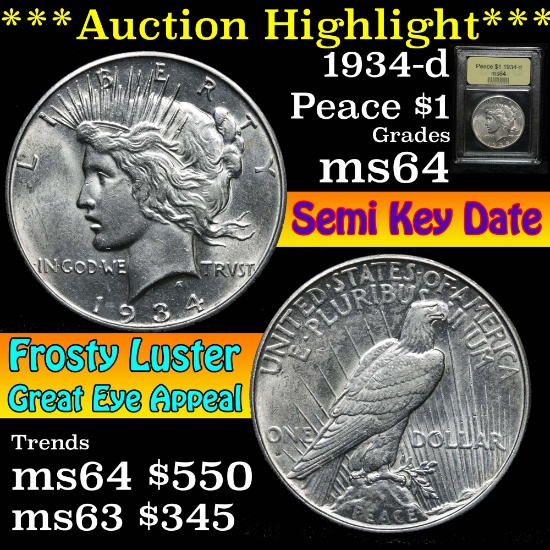 ***Auction Highlight*** 1934-d Peace Dollar $1 Graded Choice Unc By USCG (fc)