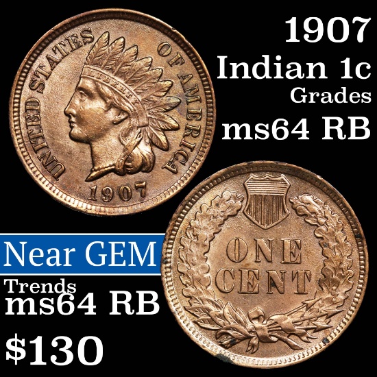1907 Indian Cent 1c Grades Choice Unc RB