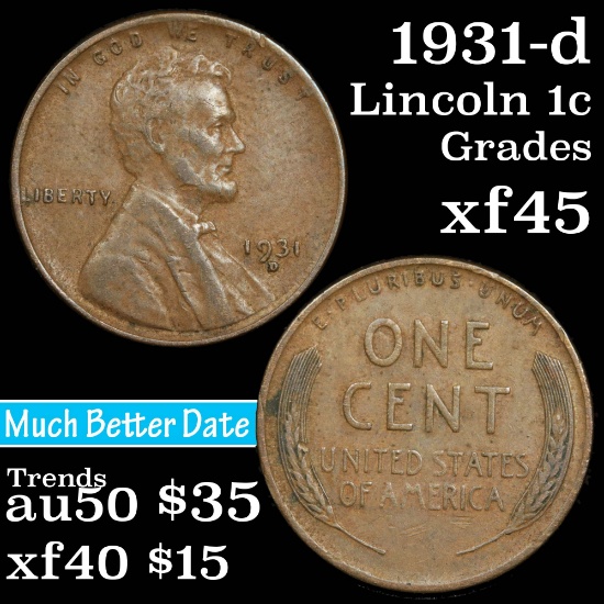 1931-d Lincoln Cent 1c Grades xf+