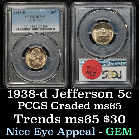 PCGS 1938-d Jefferson Nickel 5c Graded ms65 By PCGS