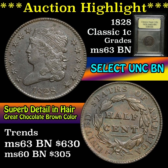 ***Auction Highlight*** 1828 Classic Head half cent 1/2c Graded Select Unc BN By USCG (fc)