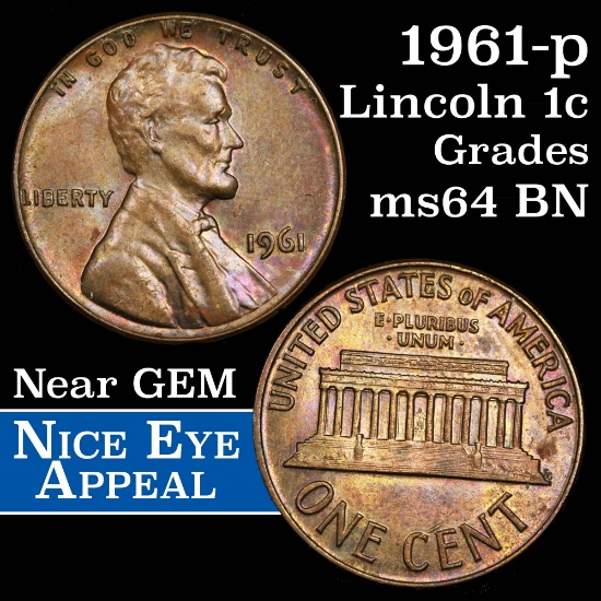 1961-p Lincoln Cent 1c Grades Choice Unc BN