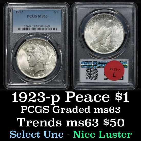 PCGS 1923-p Peace Dollar $1 Graded ms63 By PCGS