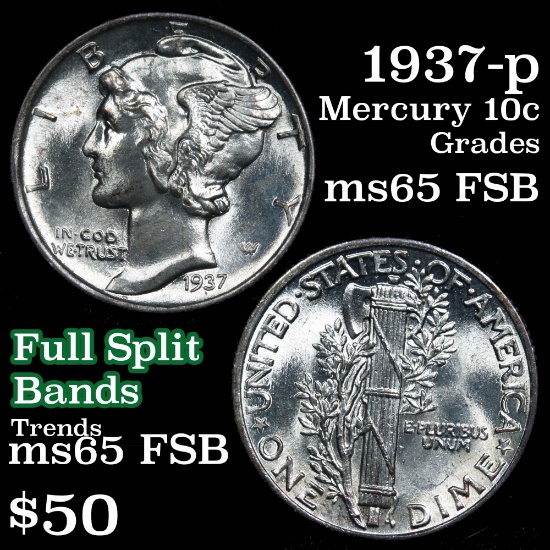 1937-p Mercury Dime 10c Grades GEM FSB