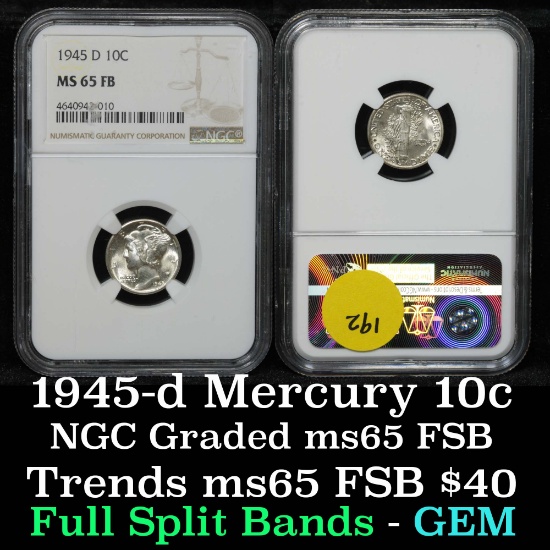 NGC 1945-d Mercury Dime 10c Graded ms65 FSB by NGC